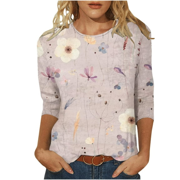 Lolmot Blouses for Women Dressy Casual Ladies Tops and Blouses 3/4 Sleeve Mid Length Crew Neck Tee Flower Printed Fashion Casual Spring Summer Tops