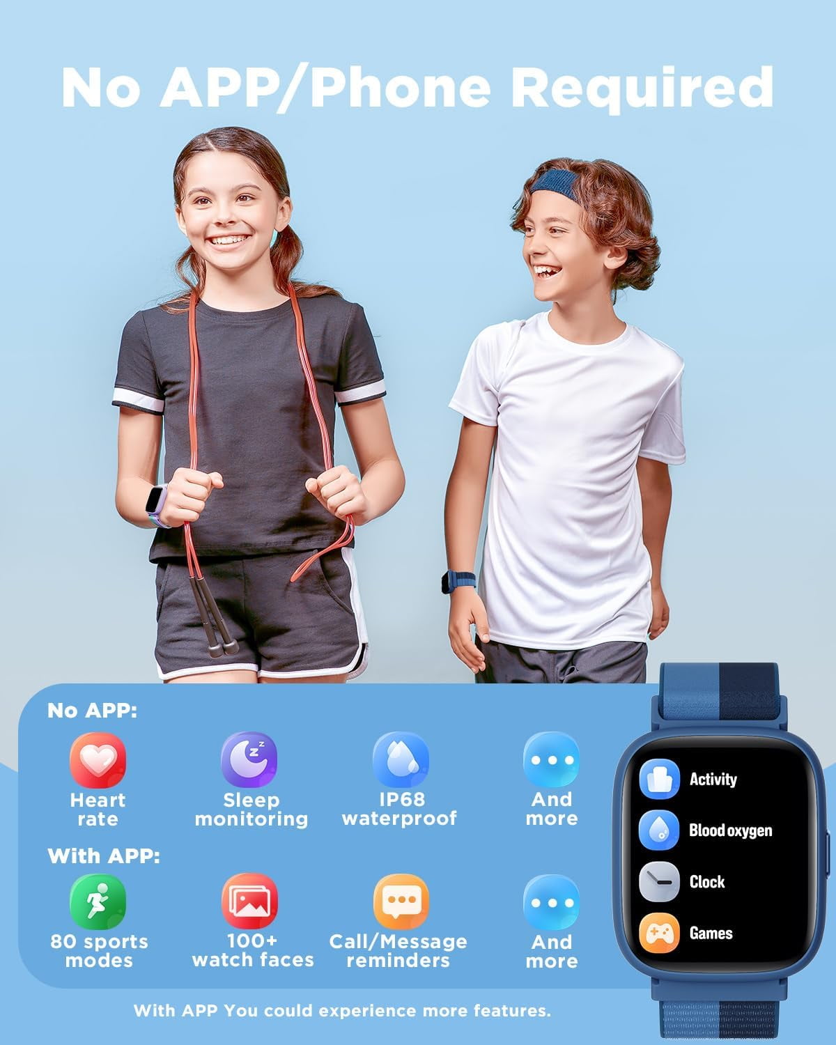 BIGGERFIVE Smart Watch for Kids, 1.8" Fitness Tracker Watch Pedometer, Sleep Monitor, IP68 Waterproof, Calorie Step Counter, Puzzle Game with/Without APP for Girls Teens 5-16,
