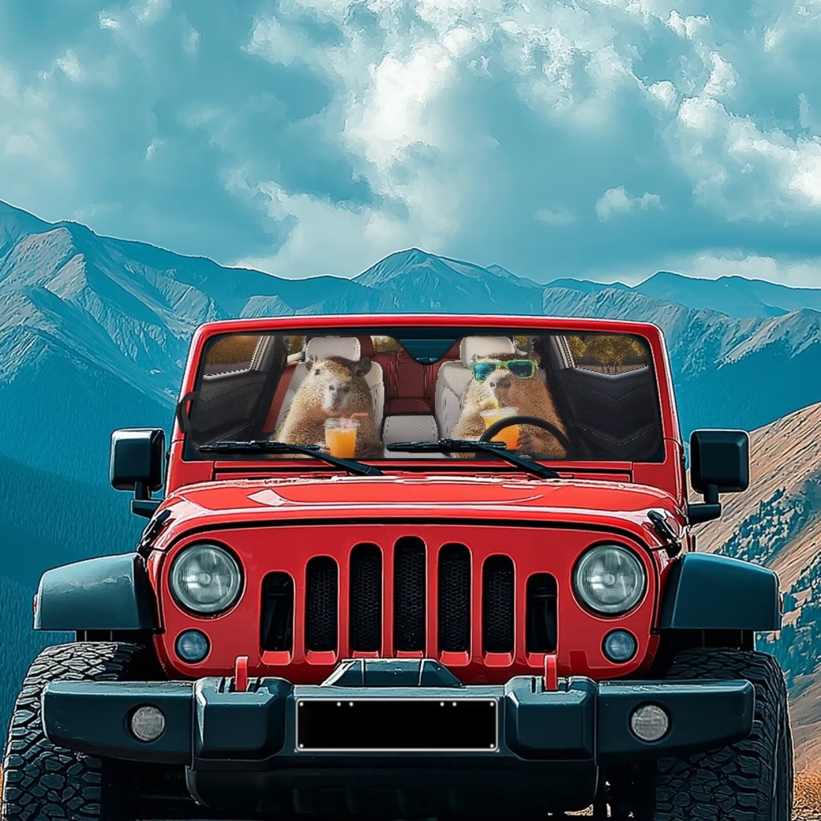 Uorisanigo Windshield Sun Shade Auto Heat Shield for Rubicon Sahara TJ JK JKU 2 Door & 4 Door Foldable Windshield Sun Visor Protect Your Car from Heat & Glare UV Ray(Capybara Animal Driving)