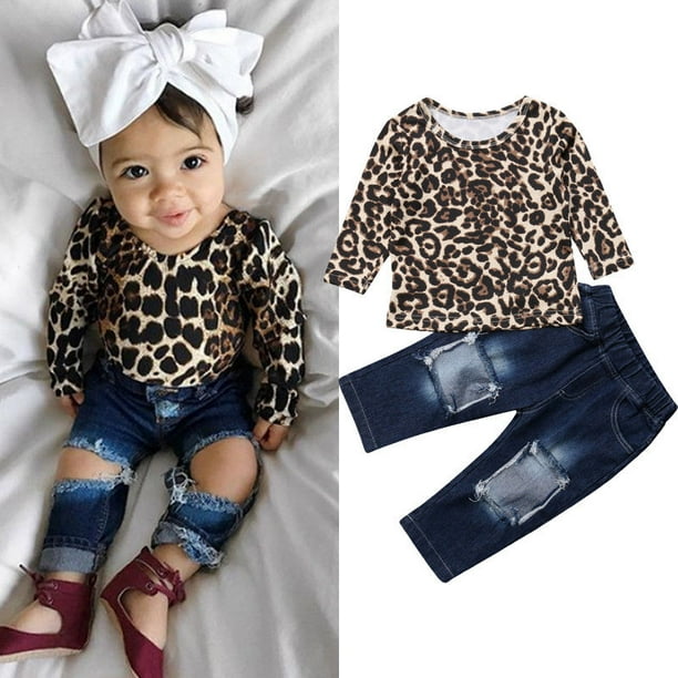 Kids Baby Girl Leopard Outfits Long Sleeve Tops+Ripped Denim Jeans Pants  Clothes