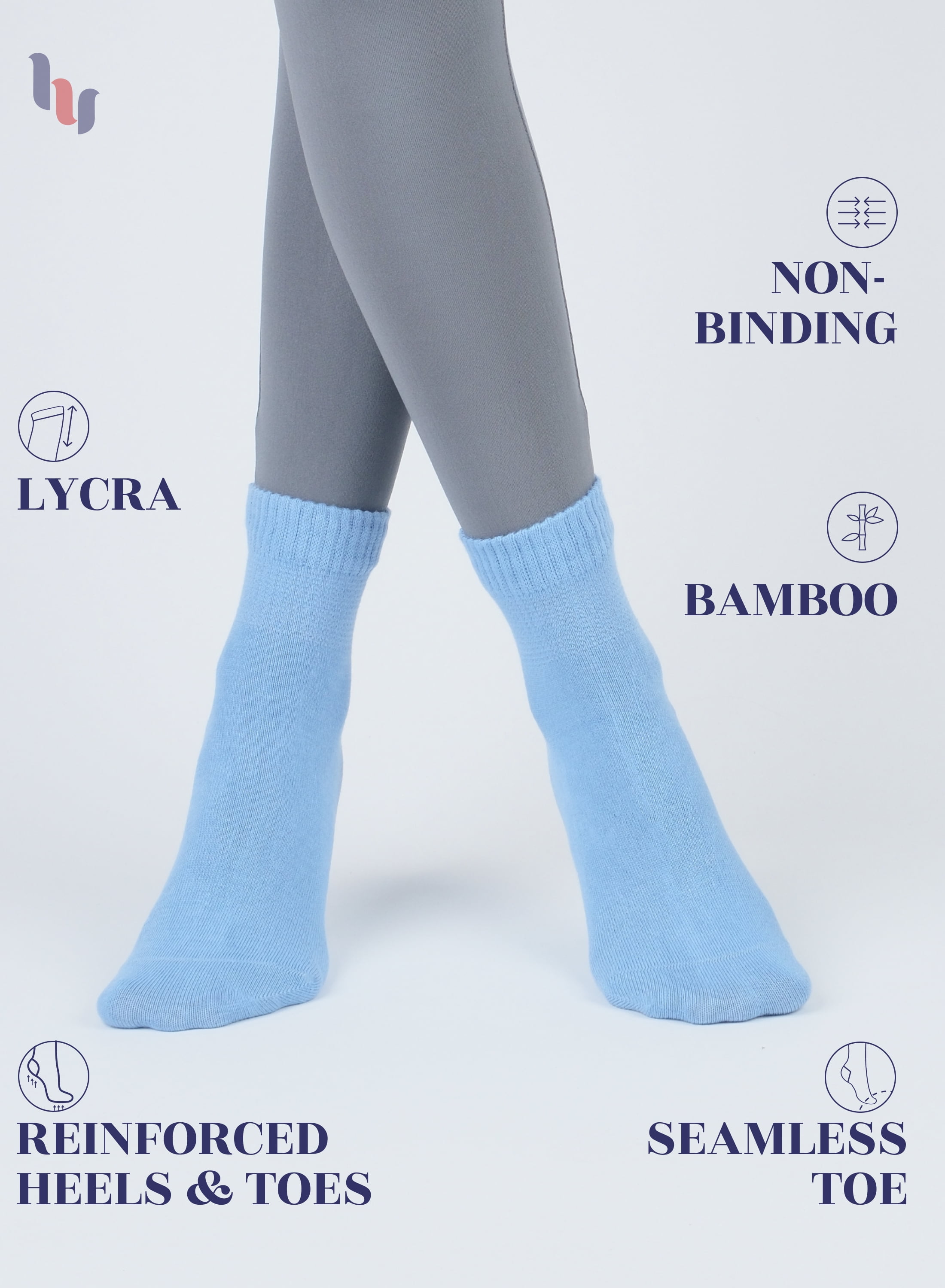 HUGH UGOLI Women Diabetic Ankle Socks, Super Soft & Thin Bamboo Socks, Wide & Loose, Non-Binding Top & Seamless Toe, 4 Pairs, Blue, Shoe Size: 10-12