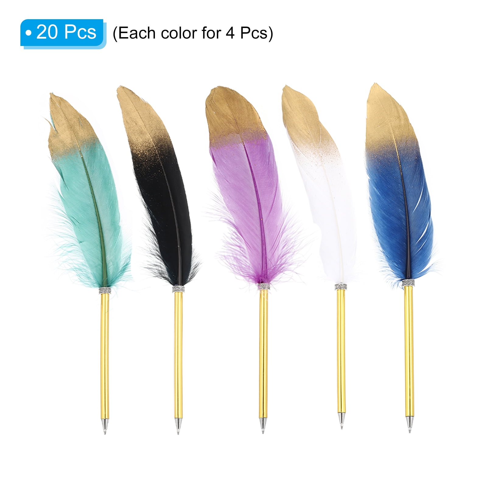 Uxcell Feather Ballpoint Pens Bulk, 0.5mm Ink Vintage Plated Rod Quill Writing Pens for Office, Wedding 20Pcs