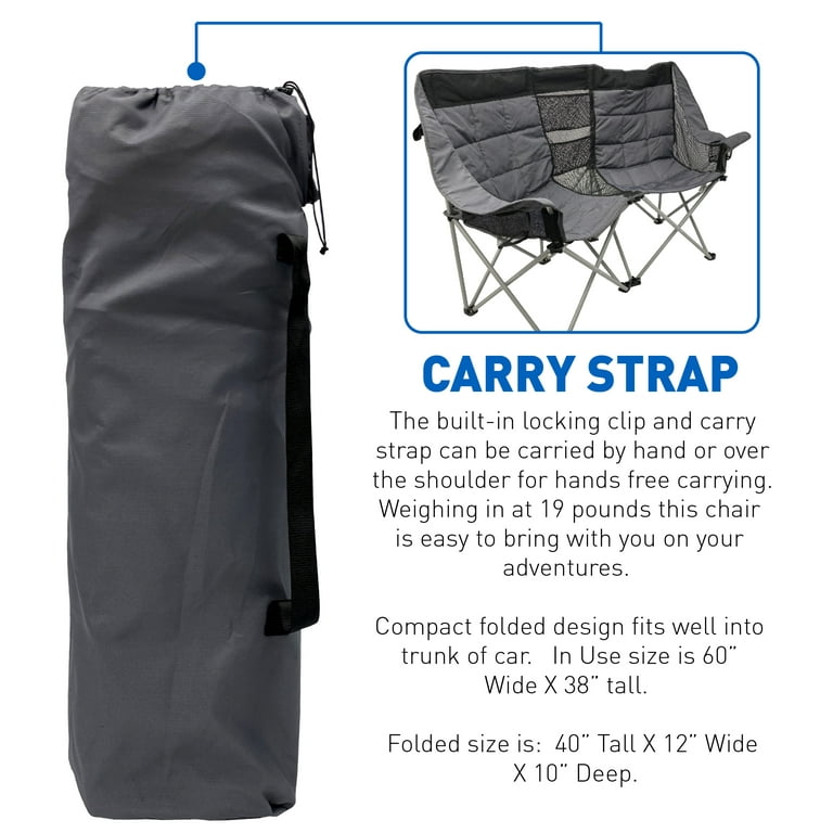 EasyGo Product Camping Chair Double Love Seat Heavy Duty Oversized Camping RV Chair Folds Easily and is Padded Black Grey