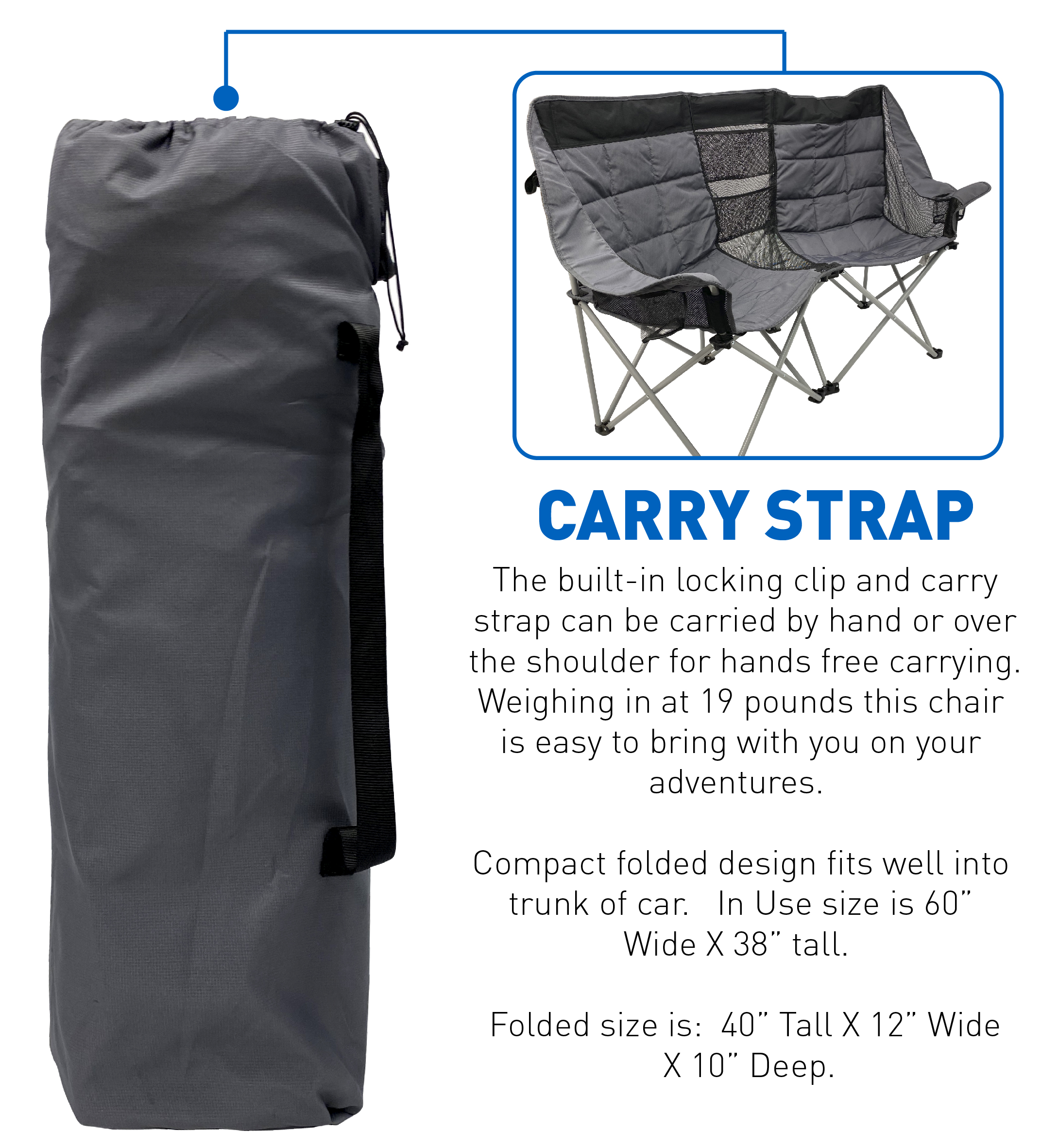 EasyGo Product Camping Chair - Double Love Seat - Heavy Duty Oversized Camping RV Chair Folds Easily and is Padded - Black Grey - image 3 of 5