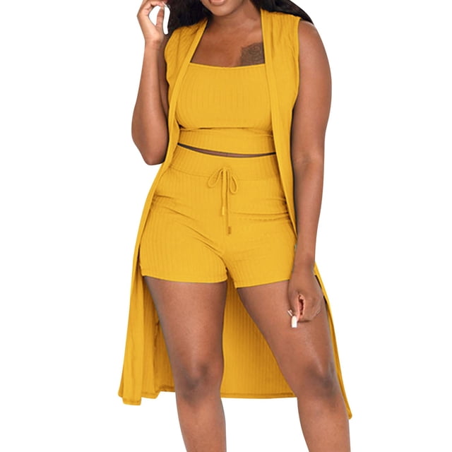 Conjunto de 3 piezas para mujer con chaleco sin mangas acanalado y pantalones cortos: conjunto informal elástico de color liso para salir de fiesta o para el día a día (tallas S-XXL)