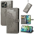 thumbnail image 1 of SaniMore for iPhone 14 Pro 6.1" 2022 Wallet Case with Embossed Mandala PU Leather Flip Protection Wrist Strap Credit Card Holder Pocket Kickstand Shockproof Case for iPhone 14 Pro 6.1" 2021, Gray, 1 of 6