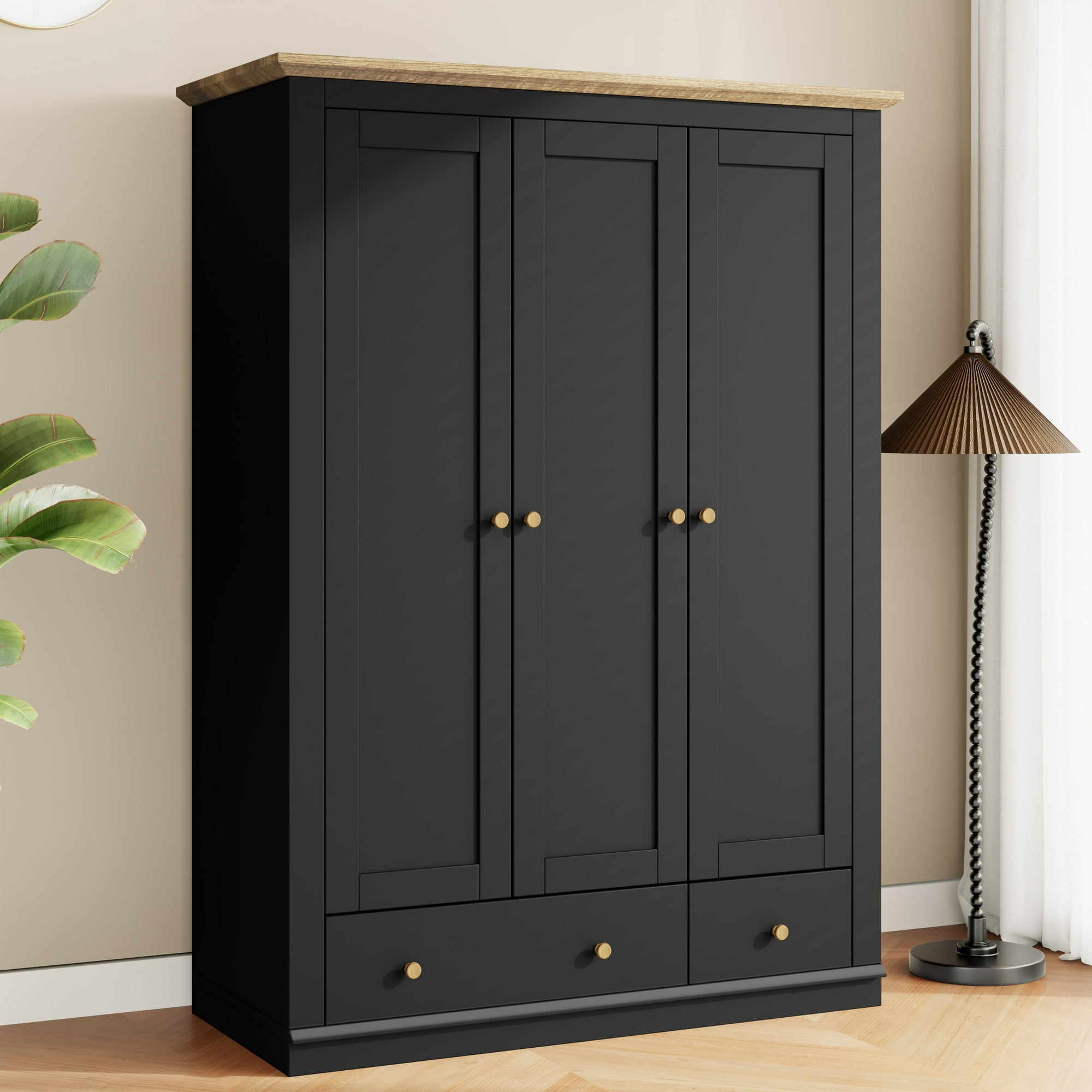 Kadyn 3 Door Armoire Wardrobe Closet, 70" Large Wardrobe Armoire with 2 Drawers & Shelves, Modern Wooden Armoire Storage with Hanging Rod for Bedroom, Natural +Black Kadyn 3 Door Armoire Wardrobe Closet, 70" Large Wardrobe Armoire with 2 Drawers & Shelves, Modern Wooden Armoire Storage with Hanging Rod for Bedroom, Natural +Black