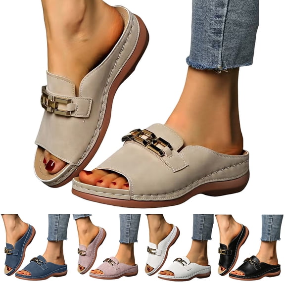 Stylago Women's Slip on Wedge Sandals Buckles Leather Slide Shoes Open Toe Arch Support Slippers Ladies Summer Casual Sandal Beige Size 6.5