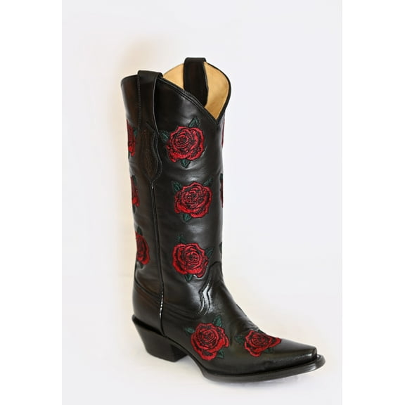 Women's Leather Black Rose Mid-Calf Boots