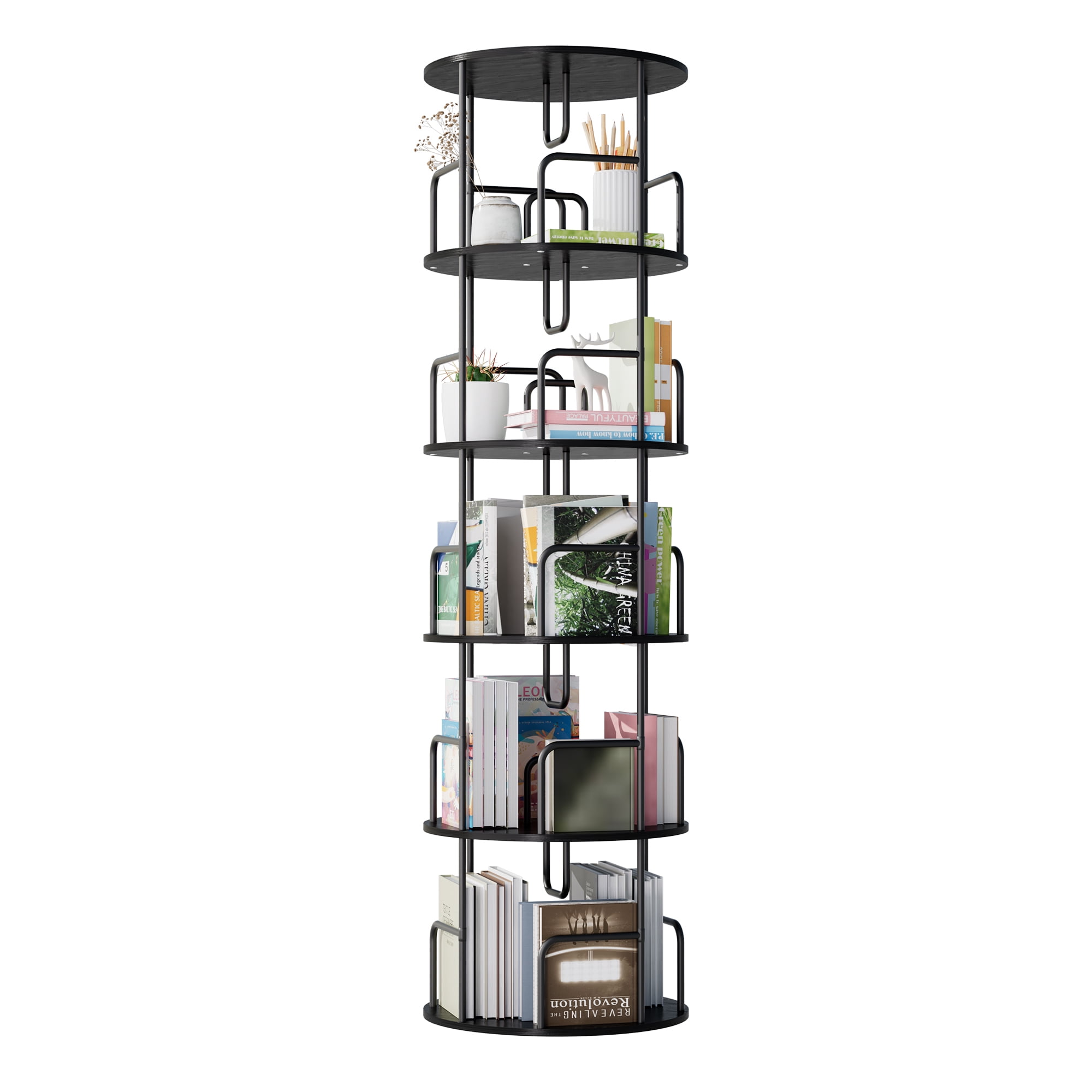 Leumius 5 Tier Rotating Bookshelf, Revolving 360 Book Shelf Narrow Tall Bookcase, Vertical Turning Round Storage Bookshelf for Bedroom, Living Room Black