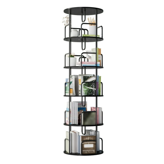 Jopath Living Room Display Shelves,Rotating Bookshelf Tower 5 Tier,360° Display Round Spinning Bookshelf,Wood & Metal Stackable Spinning Bookshelf Tower For Bedroom, Living Room,Black