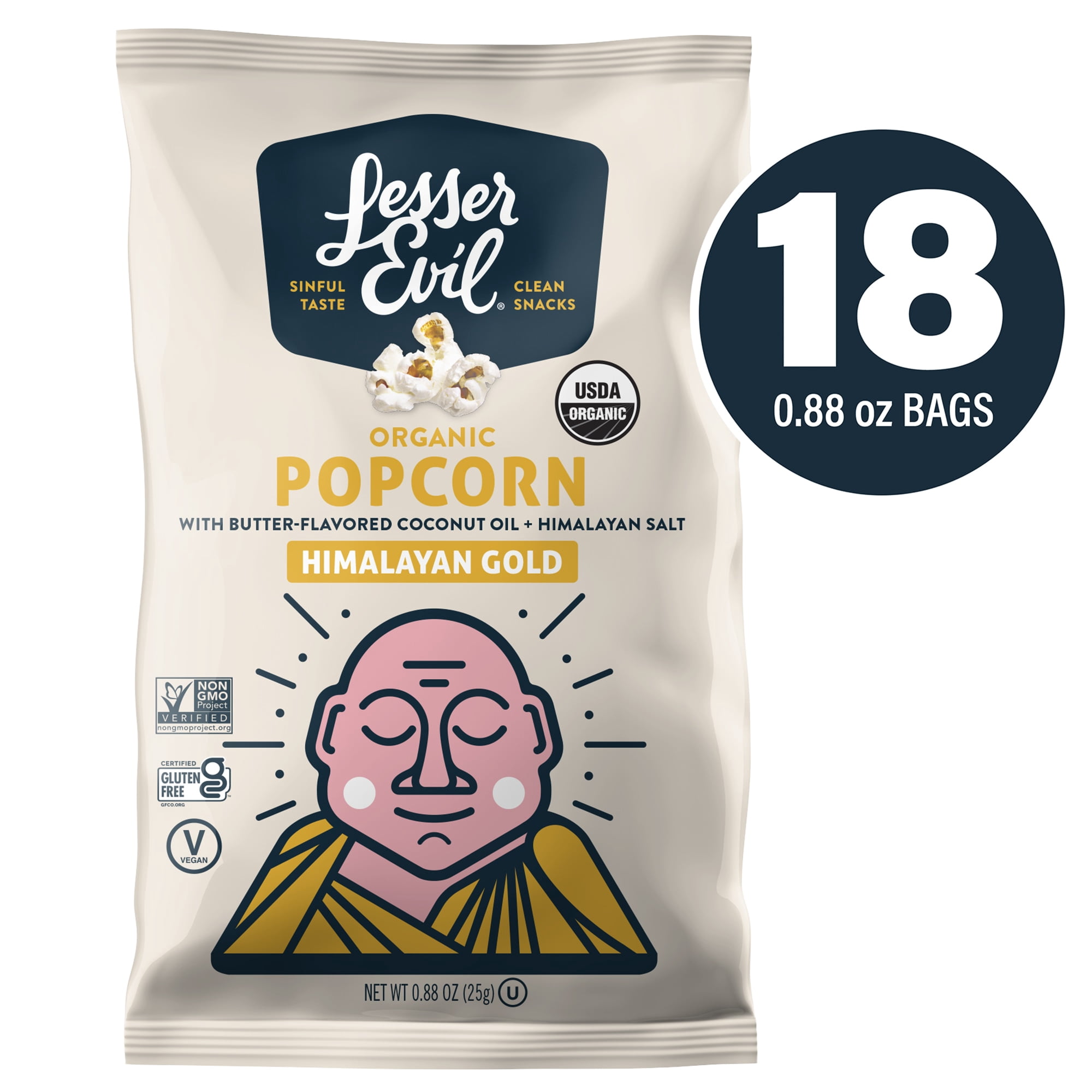Lesser Evil Buddha Bowl Popcorn, Organic Himalayan Gold, 0.88 Oz, 18 Ct