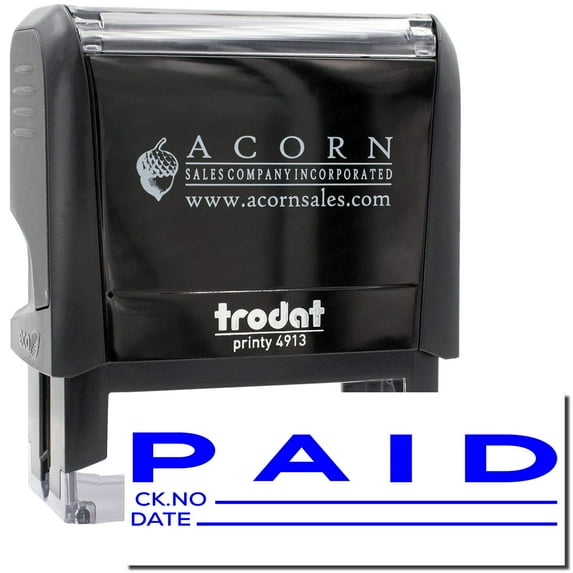 Large Self-Inking Paid with Ck No Stamp Stamp, Trodat Printy 4913, Press and Print Stamping, Impression Size 7/8" x 2-1/4", Up to 10,000 Impressions - Blue Ink