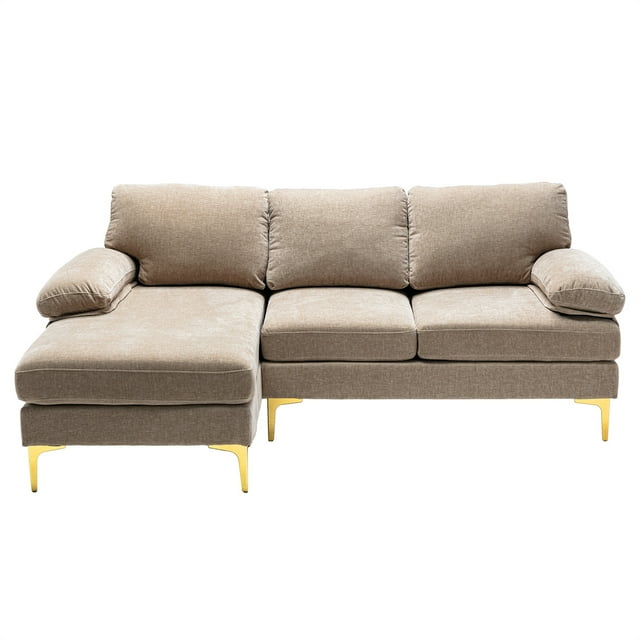 Modern Sectional Sofa, 3 Seater Accent Sofa with Golden Metal Legs, Living Room Modular Sofa with Comfortable Backrest, Upholstered Accent Sofa Couches, Large L-Shaped Sofa Set, Camel