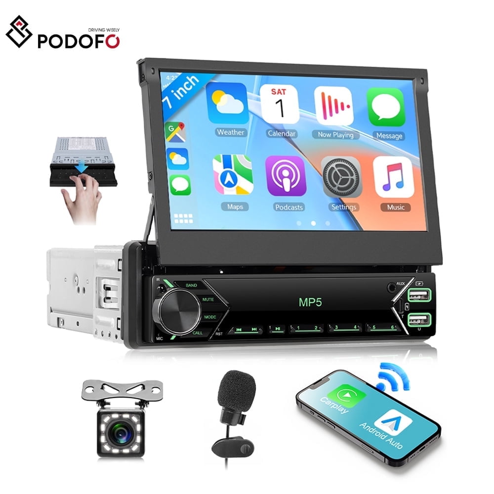 Podofo 1 Din 7'' IPS Manual Flip Out Car Radio with wireless Carplay/Android Auto/Mirror Link, Online Video U Disk Type-C + Backup Camera Mic