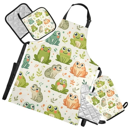 Cute Frogs with Leaf 5 Pcs Kitchen Set Heat Resistant Oven Mitts and Non-Slip Pot Holders with Adjustable Cooking Apron