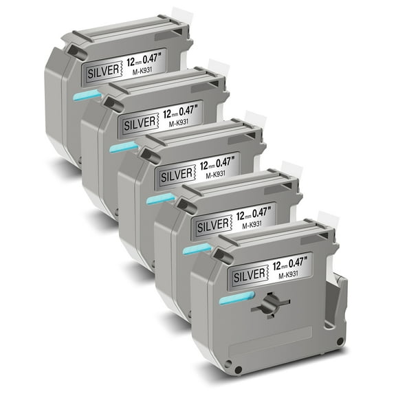 GREENCYCLE 5PK Compatible for Ptouch MK931 M-K931 M931 M-K931S 0.47" 12mm Black on Silver Label Maker Tape