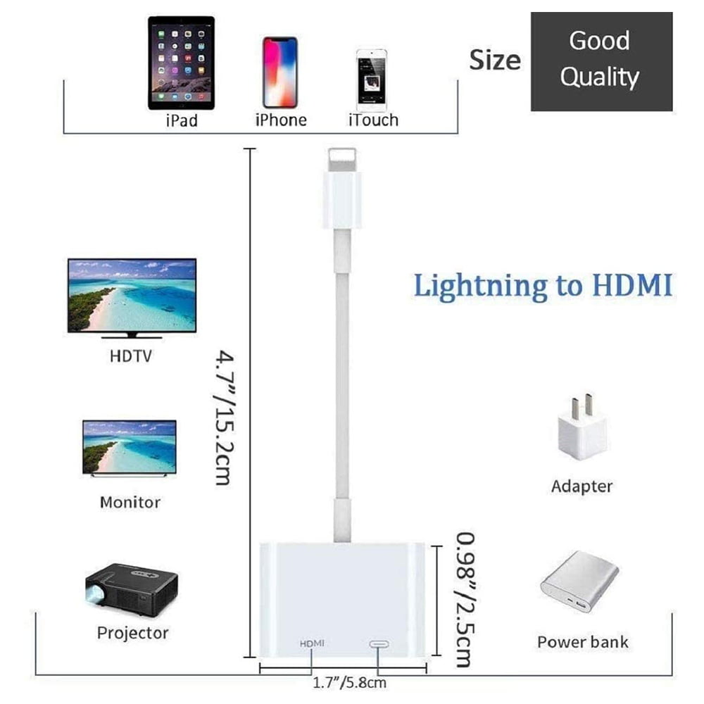iPad on HDTV/Monitor/Projector 4K Video & Audio HDMI Sync Screen Converter with Charging Port for iPhone 11/SE/X/7 Lightning to 1080P Digital AV Adapter Apple MFi Certified Apple Lightning to HDMI