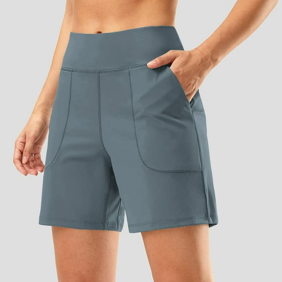 LEKWK Bermuda Shorts for Women High Waisted Casual Long Shorts Stretchy Solid Wide Leg Yoga Shorts with Pockets Summer Workout Daily Wear