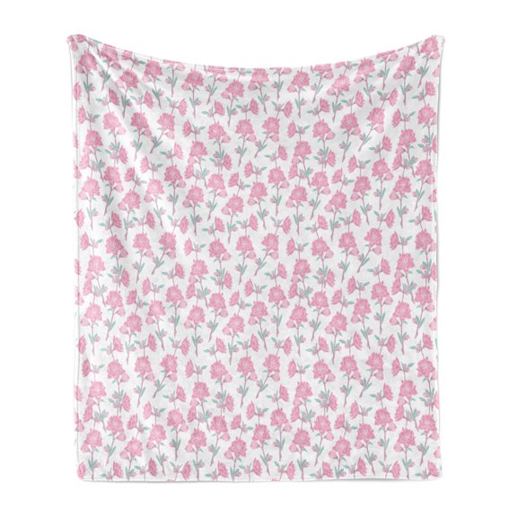 Rose Soft Flannel Fleece Throw Blanket, Tender Spring Flourish with Little Buds Hand Drawn Botanical Garden, Cozy Plush for Indoor and Outdoor Use, 50" x 70", Dried Rose Seafoam, by Ambesonne