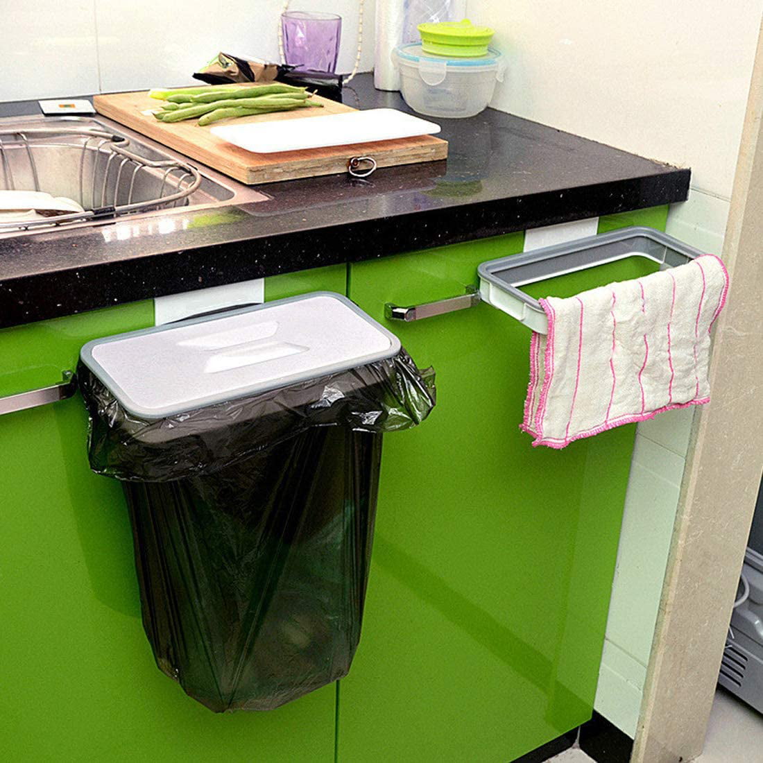 Kitchen Gadget Cabinet Door Garbage Bag Shelf Hanging Holder Cupboard Trash Rack 