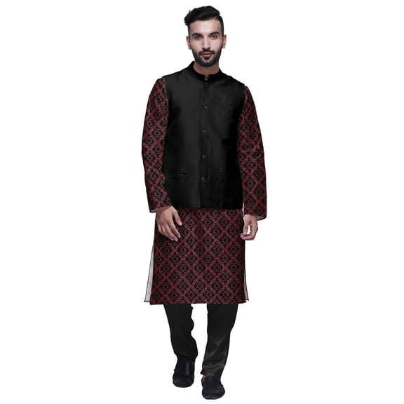 Atasi Printed Kurta With Solid Pajama & Nehru Jacket Set For Mens Party Wear
