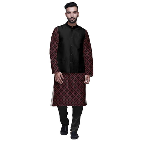 

Atasi Printed Kurta With Solid Pajama & Nehru Jacket Set For Mens Party Wear
