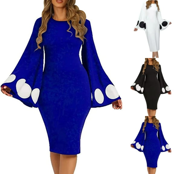 qolati Women's Elegant Flared Sleeve Mini Dress 2023 Casual Solid Color Crew Neck Bodycon Cocktail Party Dress Trendy Basic Prom Party Dresses