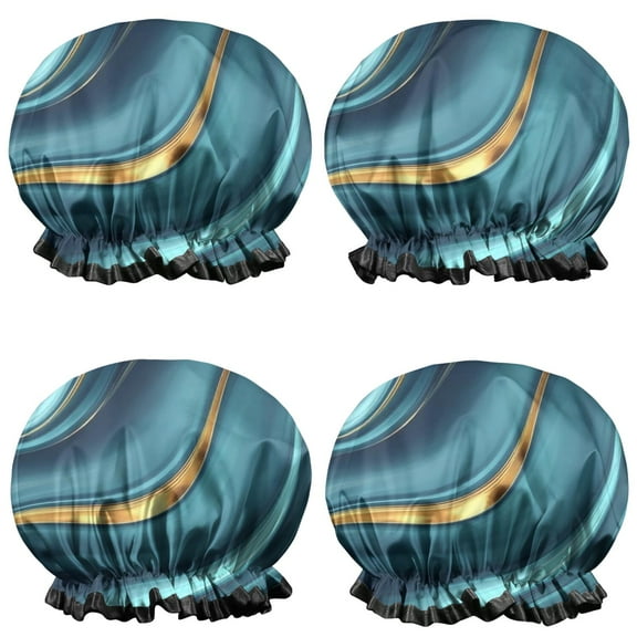Shower Caps,Blue Gold Marble Pattern Waterproof Shower Cap for Women 4 Pieces,Double Reusable Hair Cover for Shower PEVA Elastic Stretch Hem