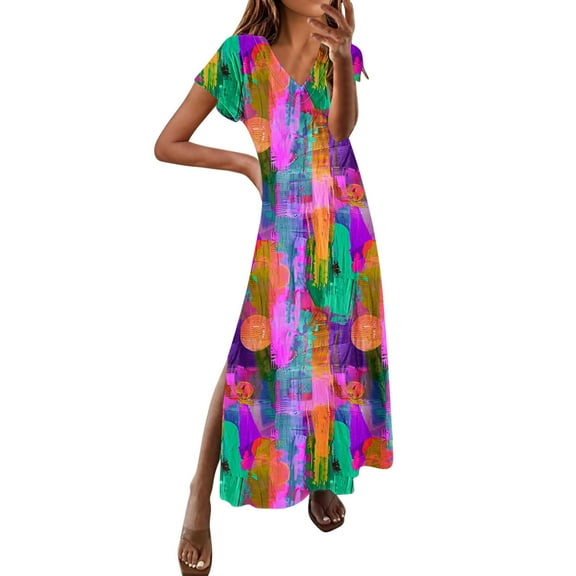 Cmfcve Women's Summer Floral Dresses Plus Size Hem Split Beach Vacation Dress Short Sleeve V-Neck Hawaiian Long Dress