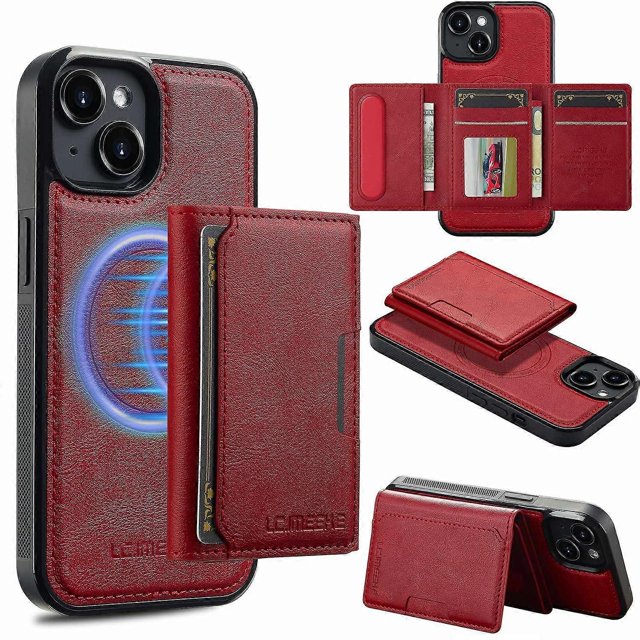 LC.IMEEKE L5 For iPhone 15 Plus Magnetic Phone Case Leather Back Cover with Detachable Card Holder -