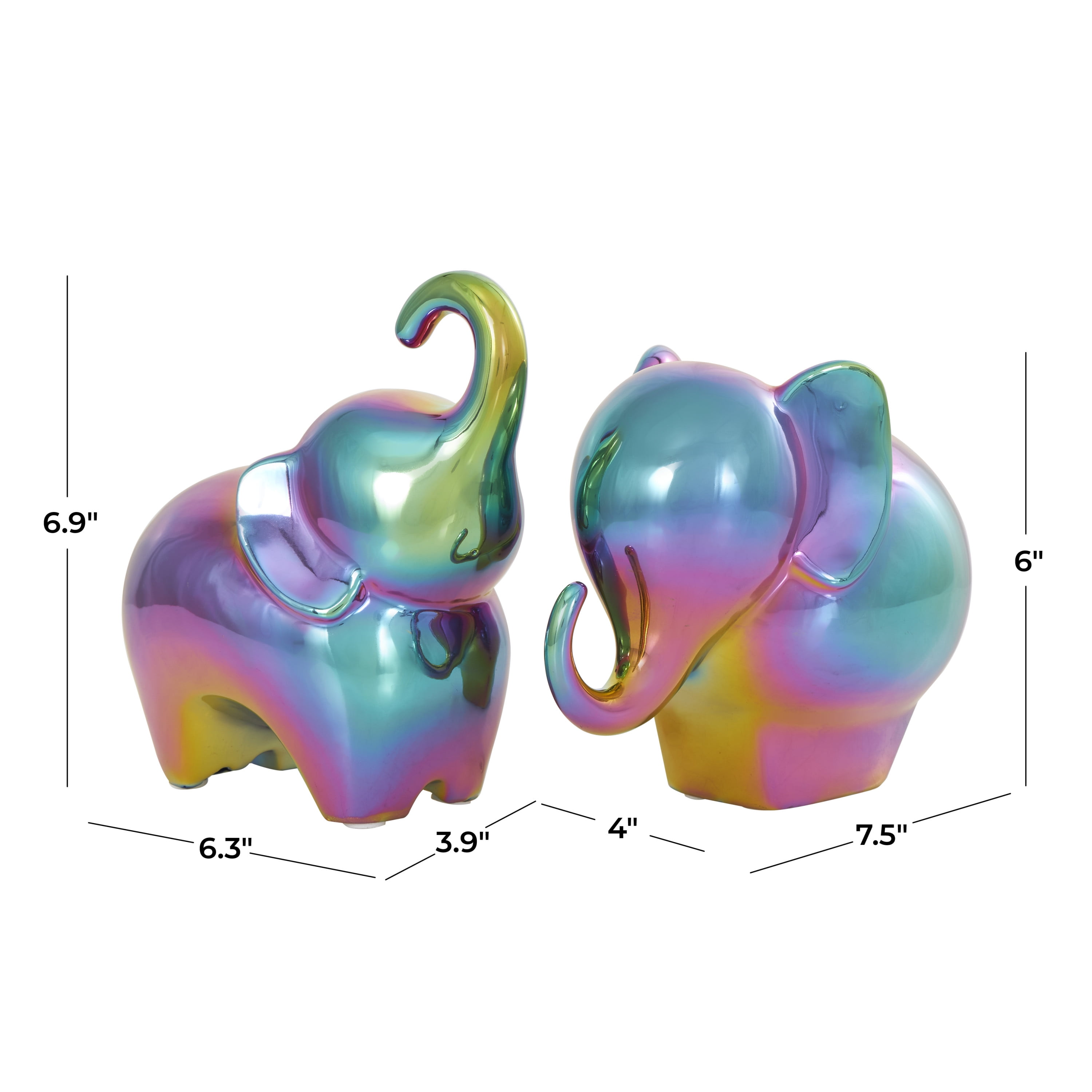 6", 7"H Multi Colored Ceramic Elephant Sculpture with Rainbow Shimmer Finish, by DecMode (2 Count)