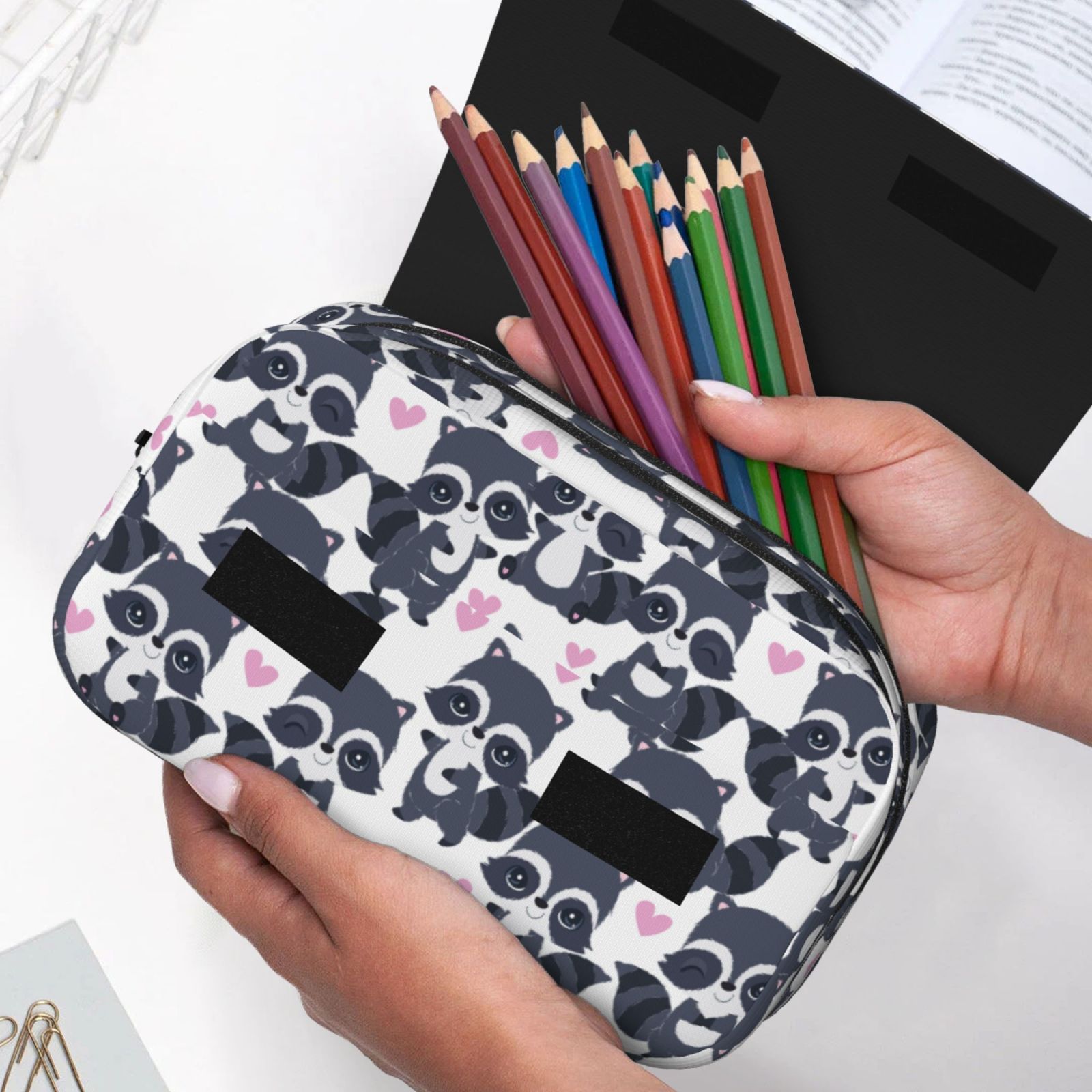 Rateoe Cartoon Raccoon Pattern Double Clamshell Pen Case, Storage Organizer with Two Zipper Compartments– Holds Up to 50 Pencils & Pens
