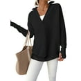 thumbnail image 2 of Women'S Long Sleeve Quarter Zip Pullover Sweater Casual Loose V Neck Collared Ribbed Knit Tops Black L, 2 of 8