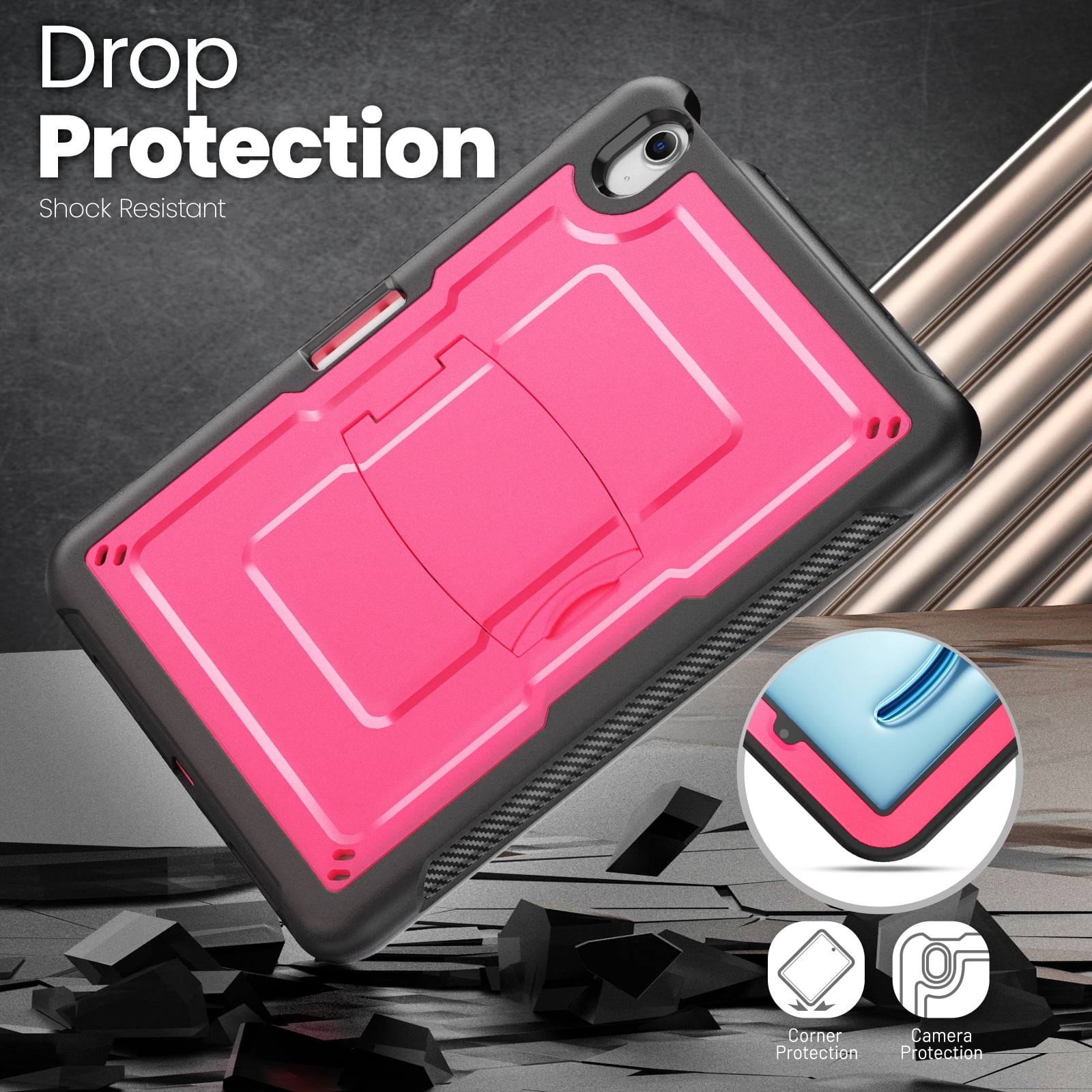 ELEHOLD Rugged Case with Pencil Holder For iPad Air 11-inch M3 (2025) / M2 (2024), Built-in Kickstand Double-Layer Protection Full-Body Shockproof Cover For Apple iPad Air 11 (2025/2024),Rose