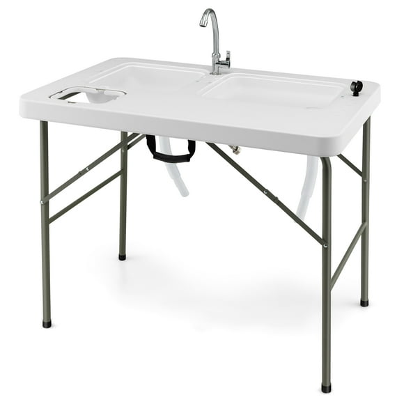 Patiojoy Portable Fish Cleaning Table Folding Camping Table w/ 2 Sinks & Rotatable Faucet Functional Garbage Holder & Measuring Mark
