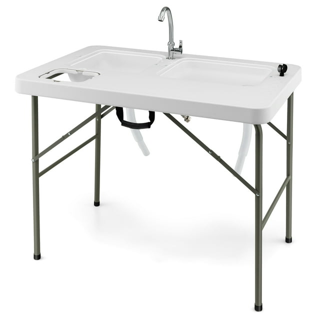 Patiojoy Portable Fish Cleaning Table Folding Camping Table w/ 2 Sinks & Rotatable Faucet Functional Garbage Holder & Measuring Mark