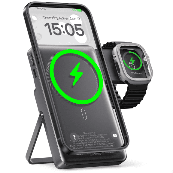ULiXWH TriGo-1 Ultra Slim MagSafe Power Bank Stand for iPhone and Apple Watch, 10000mAh for MagSafe Battery Pack