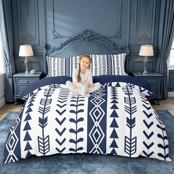 jejeloiu Nautical Geometric Bedding For Girls,Bold Tribal Duvet Cover Full,Navy White,Navy Blue Reversible,3 Pieces,1 Duvet Cover and 2 Pillowcases