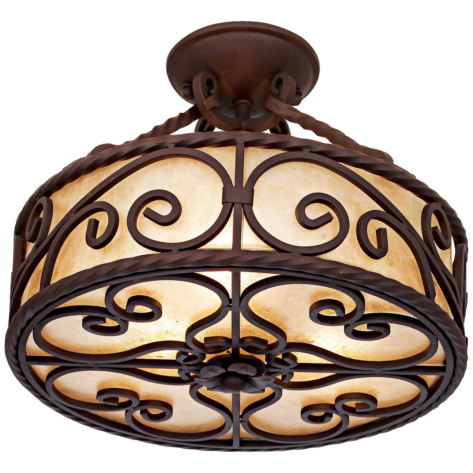 John Timberland Natural Mica Rustic Ceiling Light Semi Flush Mount Fixture 15" Wide Deep Walnut Scroll 3-Light Drum Shade for Bedroom Living Room Home