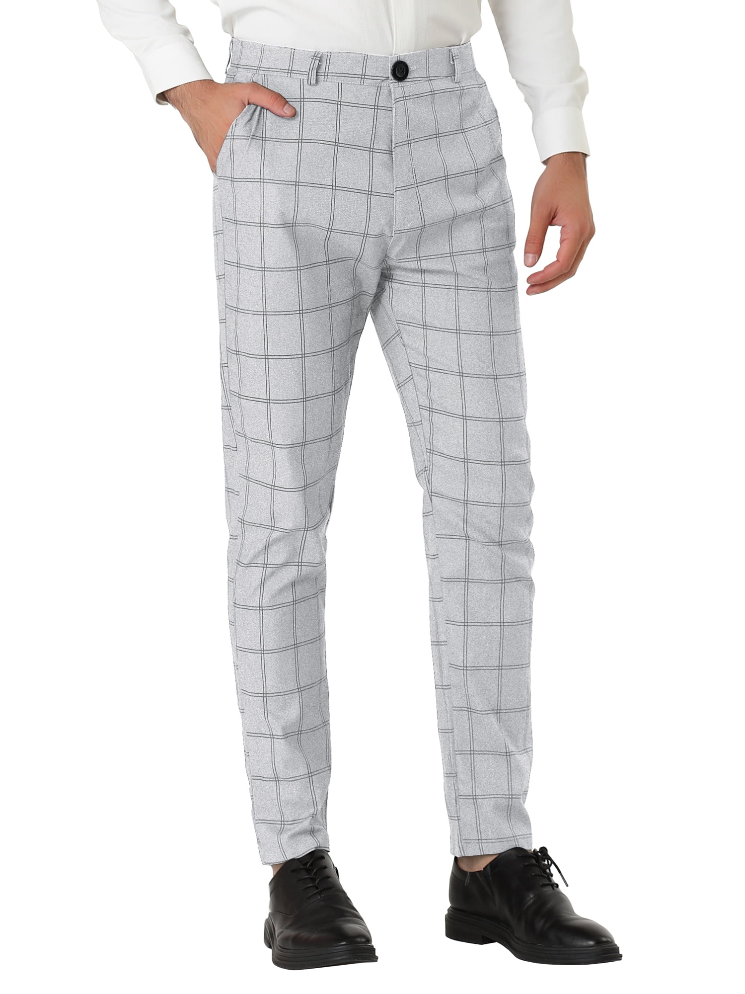 Unique Bargains Men's Slim Fit Plaid Business Pants Trousers with Pockets 30 Light Grey