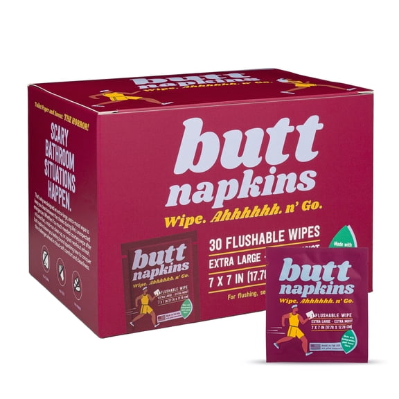 Butt Napkins, Active Wipes, Water-Based Flushable Wipes, Individually Wrapped, 30-Pack