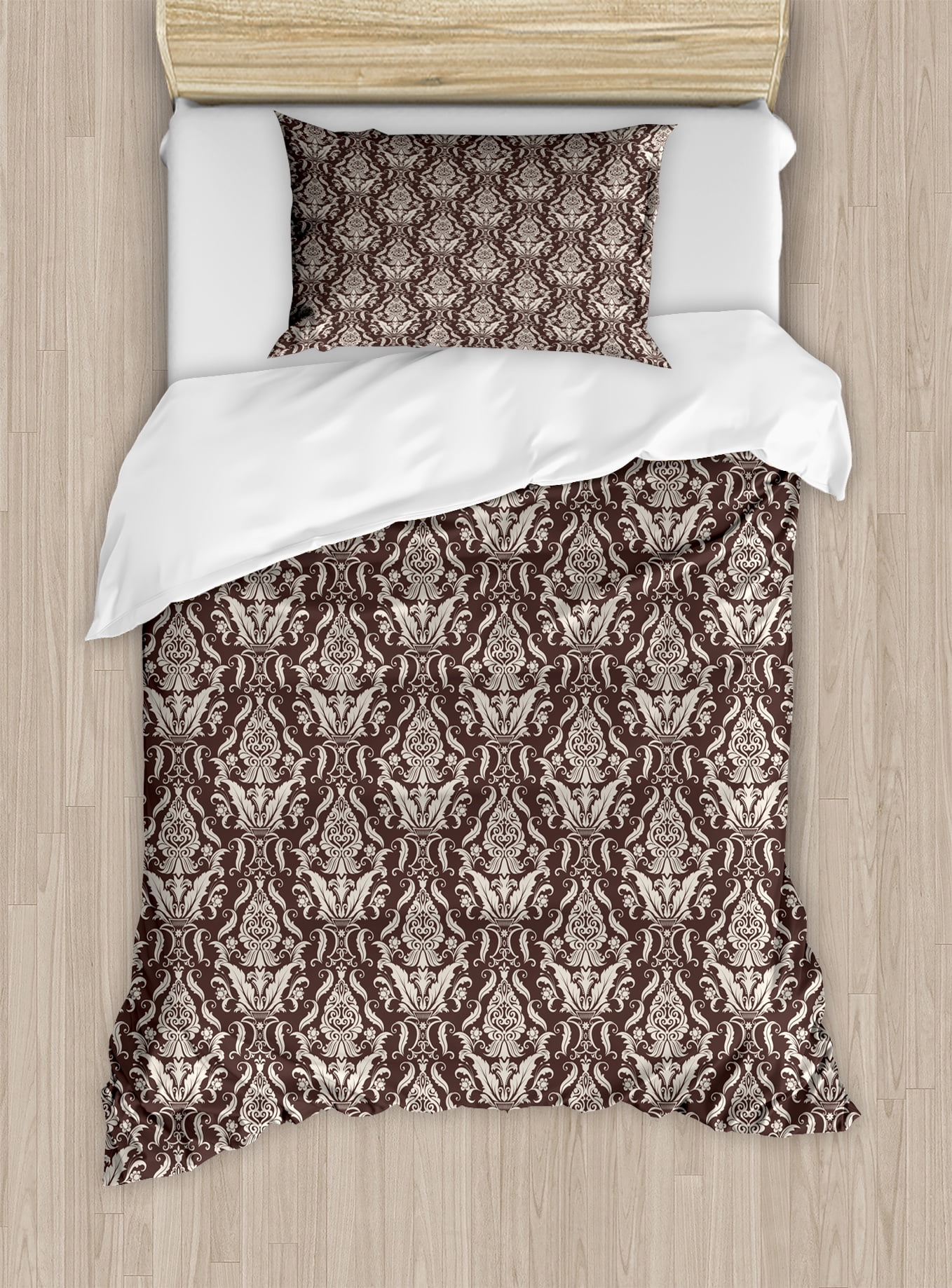 Damask Duvet Cover Set Wildflowers With Symmetric Leaves Vintage Damask Duvet Cover Set Wildflowers With Symmetric Leaves Vintage Arrangement Curls And Swirls Design Decorative Bedding Pillow Shams Dark Brown