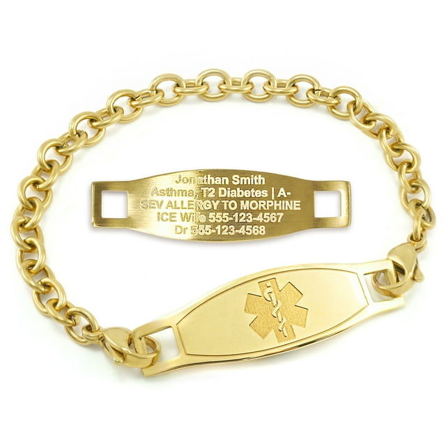 MedicEngraved Yellow Gold Stainless Steel Custom Medical Alert Bracelet - 5mm Oval Link