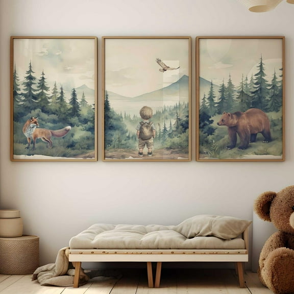 Luvia Boy Woodland, Woodland Animal Print, Bear & Fox, Forest Nursery Art Set Of 3, Forest Animal, Mountain Boy Room Decor, Modern Wall Decor Set 3 Prints 8x12 UNFRAMED