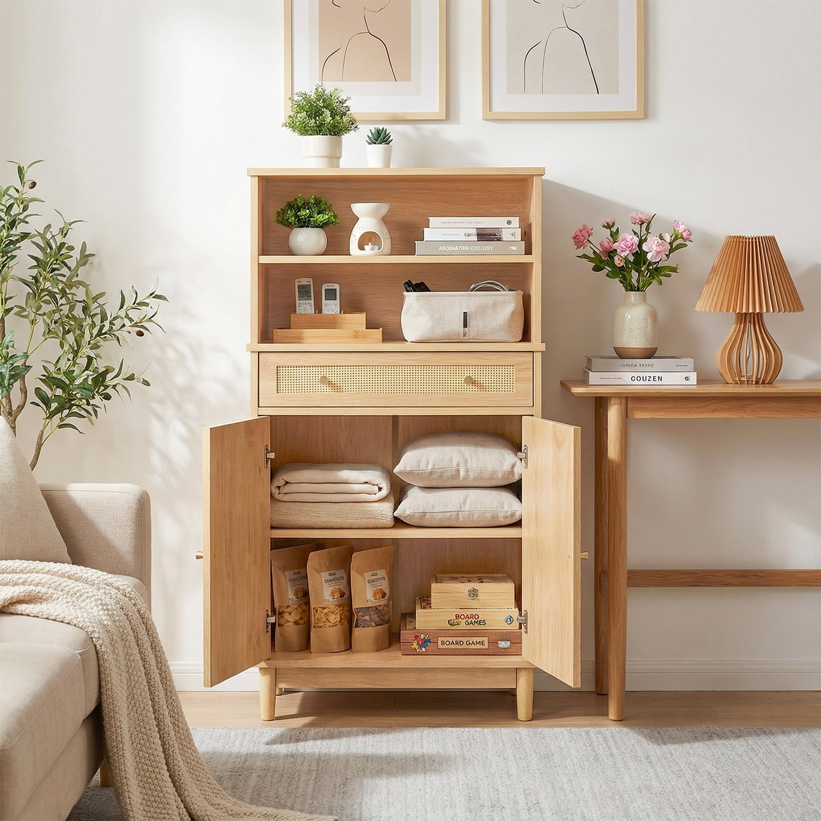 Ktaxon Freestanding Bathroom Floor Cabinet with Large Drawer, 2 Doors & Adjustable Shelves for Kitchen Living Room, Rattan