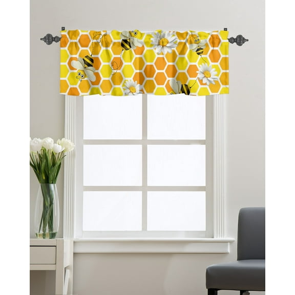 Kitchen Cafe Valance Curtain for Small Windows,Farm Honey Bee with Daisy Flower Rod Pocket Short Valances Yellow Orange Honeycomb Window Treatment Panel for Living Room/Bedroom/Bathroom,54x18in