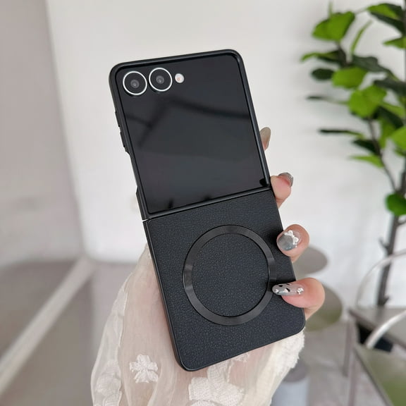 Allytechgroup for Samsung Galaxy Z Flip 5 Case, Shockproof Back Cover Protective Case PU Leather Hard PC Shock-Absorbent Anti-Scratch Anti-Fingerprint Magnetic Wireless Charging Support, Black