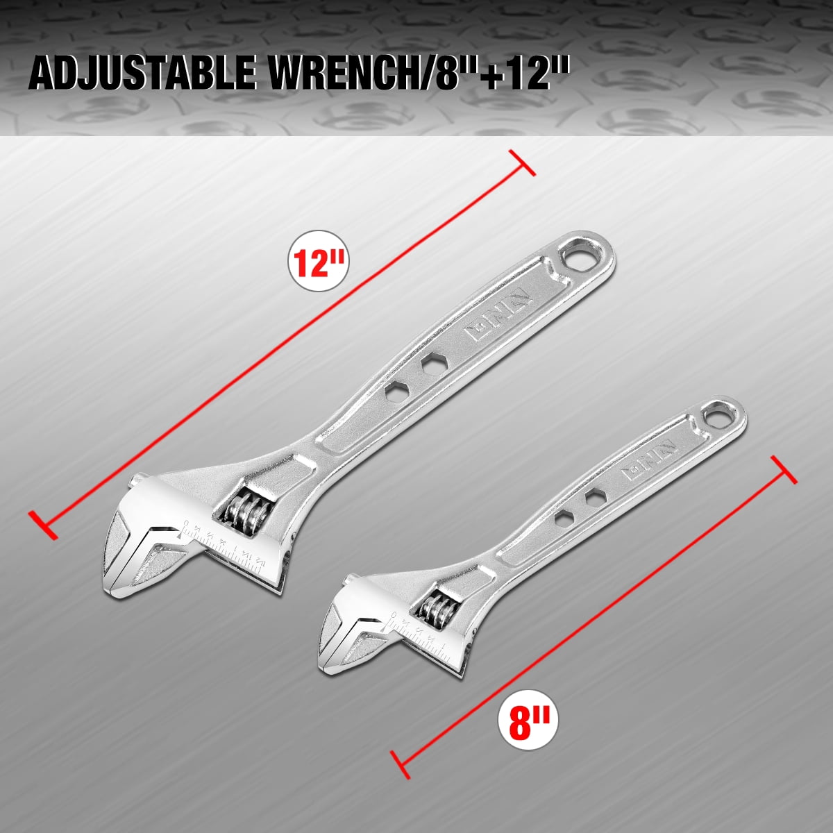 1 Pair Adjustable Wrench Spanner - 8 & 12 Inch, Vanadium Steel Automotive Repair Tool w/ Four-Sided Jaws