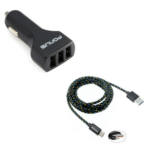 3-Port USB 36W Car Charger w Charger Cord Type-C 6ft USB Cable R8Z for Acer Liquid Jade Primo - Alcatel PulseMix, 7, Idol 5S 5 4S - ASUS Zenfone V Live, ROG Phone, AR 6 5z 4 Pro